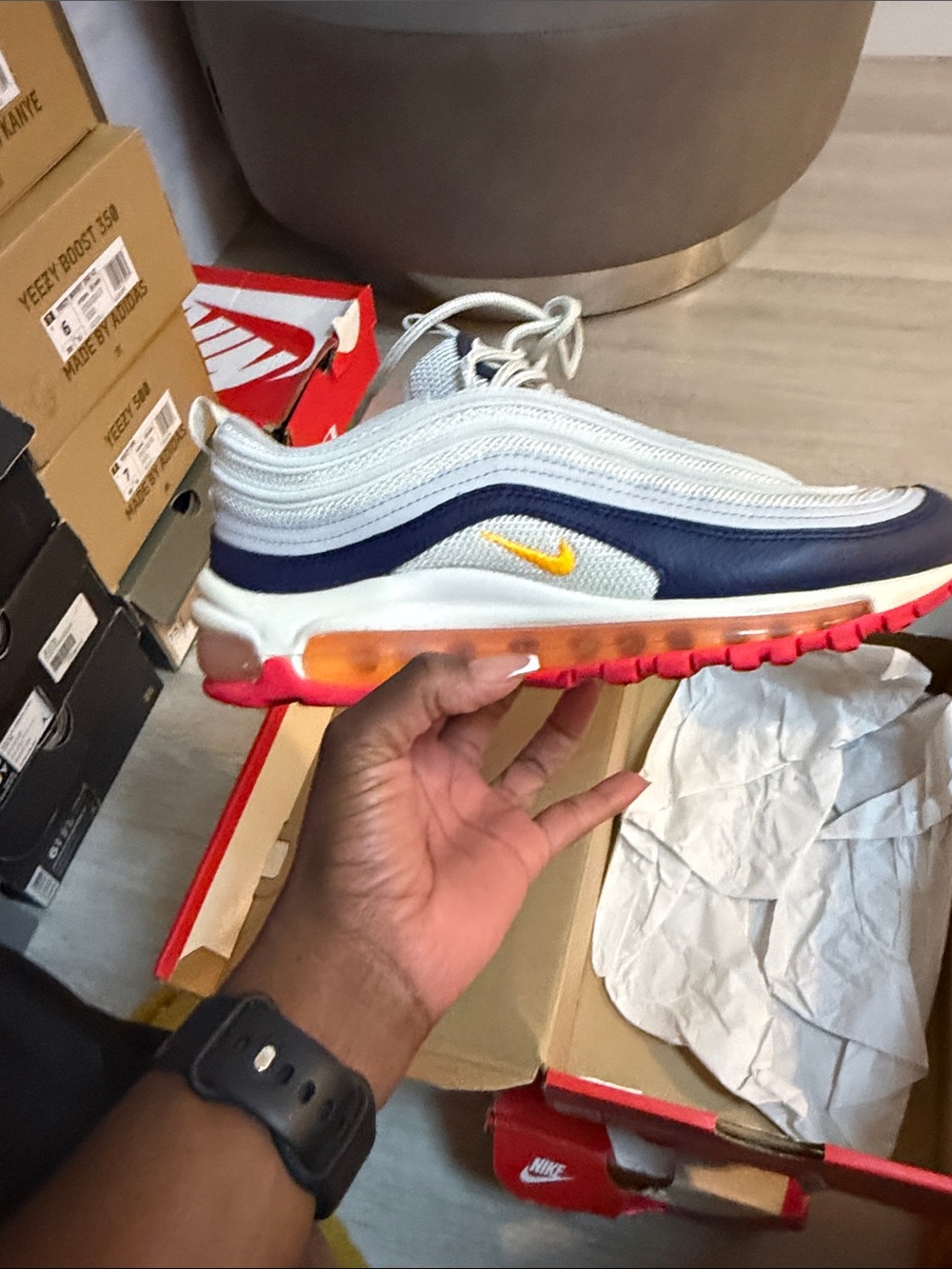 Nike Air Max 97 in White, Navy, Yellow & Pink